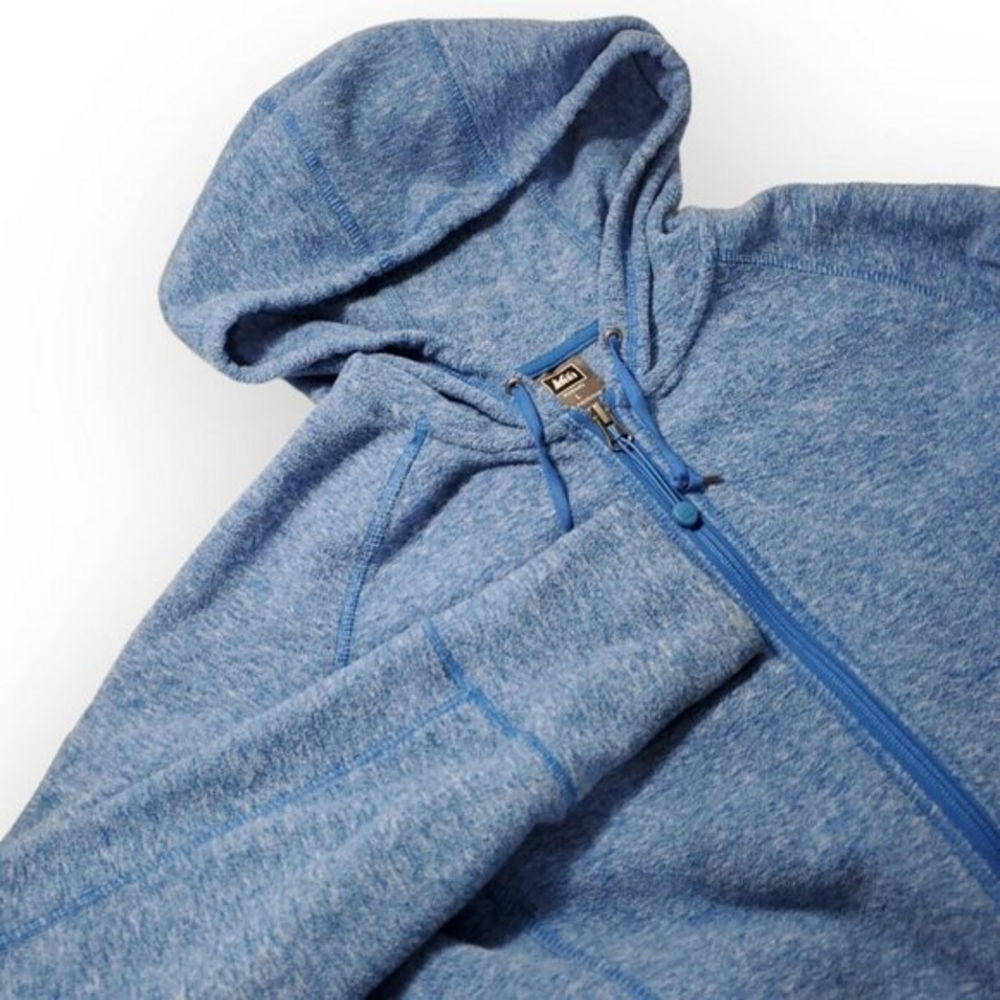 Women's Large REI Full Zip Blue Hooded Fleece Thumb Hole Sleeve Jacket 100% Poly